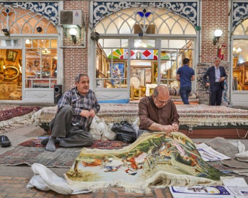 31.05.2017, Iran, Tabris: The bazaar in the center of the Iranian city of Tabriz in the northwest of the country, recorded on 31.05.2017. It is one of the largest and most impressive bazaars in Iran and famous for its large covered construction, its variety and quality of crafts and carpets. It is located in the center of the city. The fine hand-knotted Persian carpet Tabriz is also named after the city. Photo: Thomas Schulze/dpa-Zentralbild/ZB (Photo by Thomas Schulze/picture alliance via Getty Images)